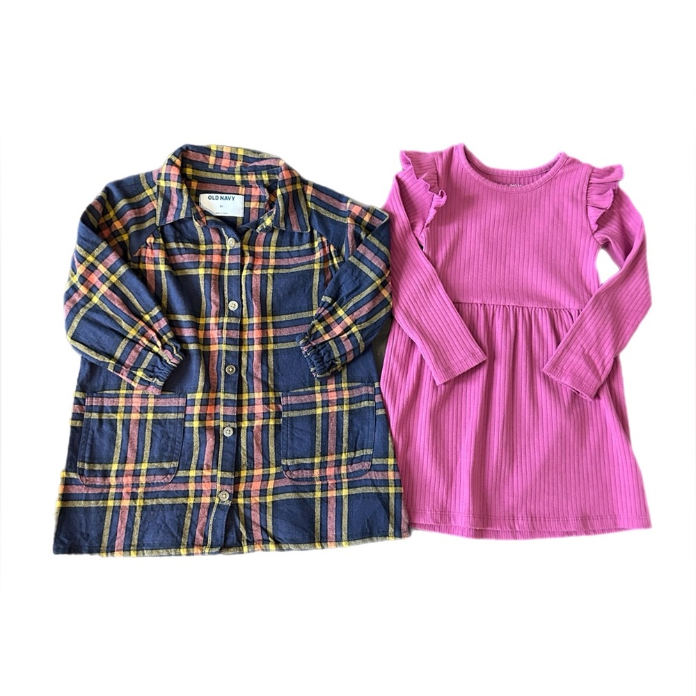 Toddler Girl Set of 2 Dresses. Plaid flannel button dress  ruffle sleeve dress